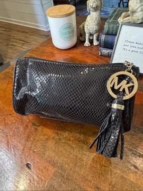 Michael Kors Black Snake-Embossed Tassel Wristlet with Gold MK Charm